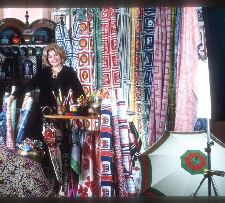 Color photograph of designer Frankie Welch, 1987.